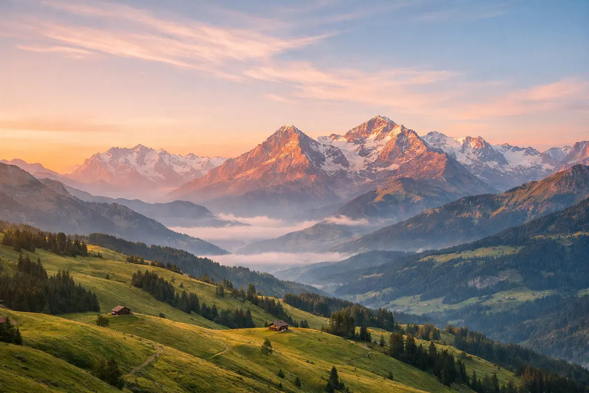 Swiss mountain landscape at sunrise – location of the ayahuasca retreat